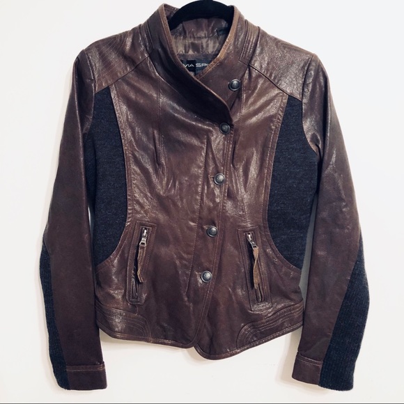 Via Spiga Jackets & Blazers - VIA SPIGA olive leather & gray knit moto jacket Sm